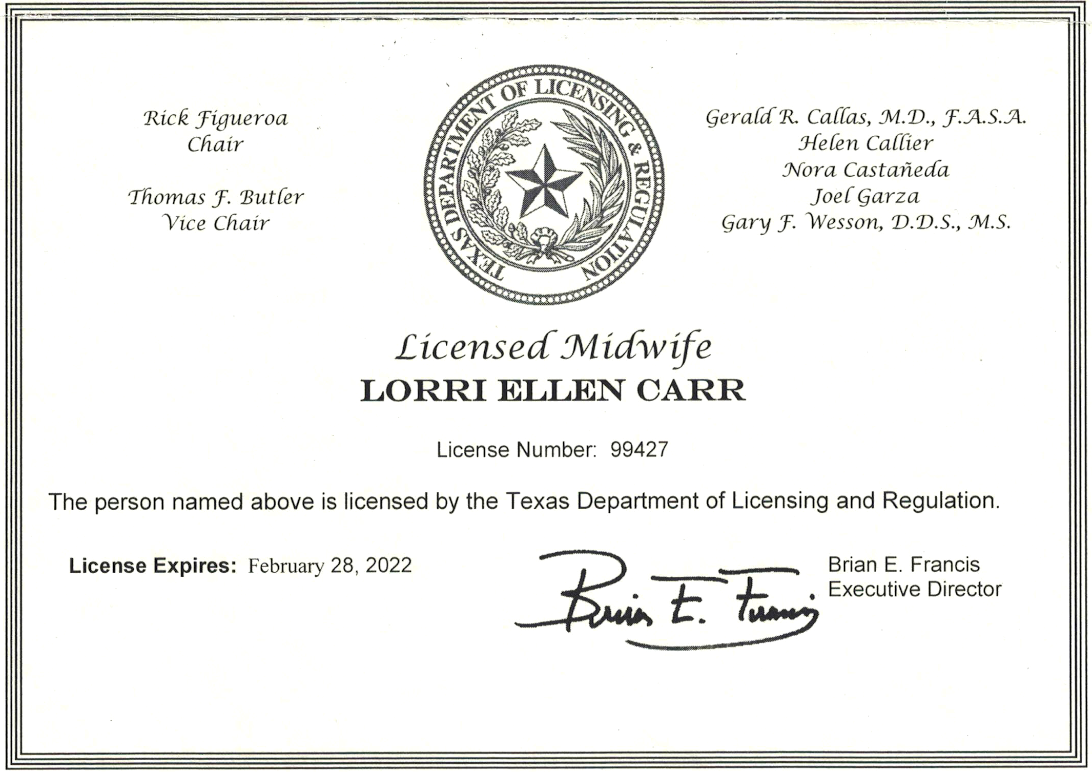 Lorri Carr Texas Midwife License