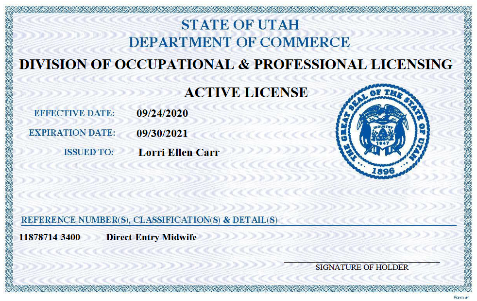 Lorri Carr Utah Midwife License
